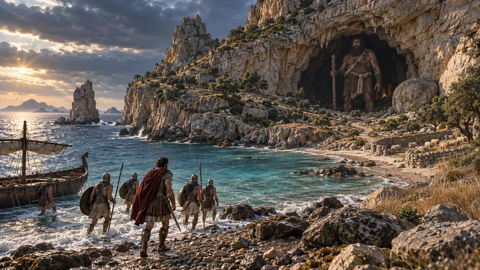 Greek warriors and ships arriving at the Cyclops’ rocky island.