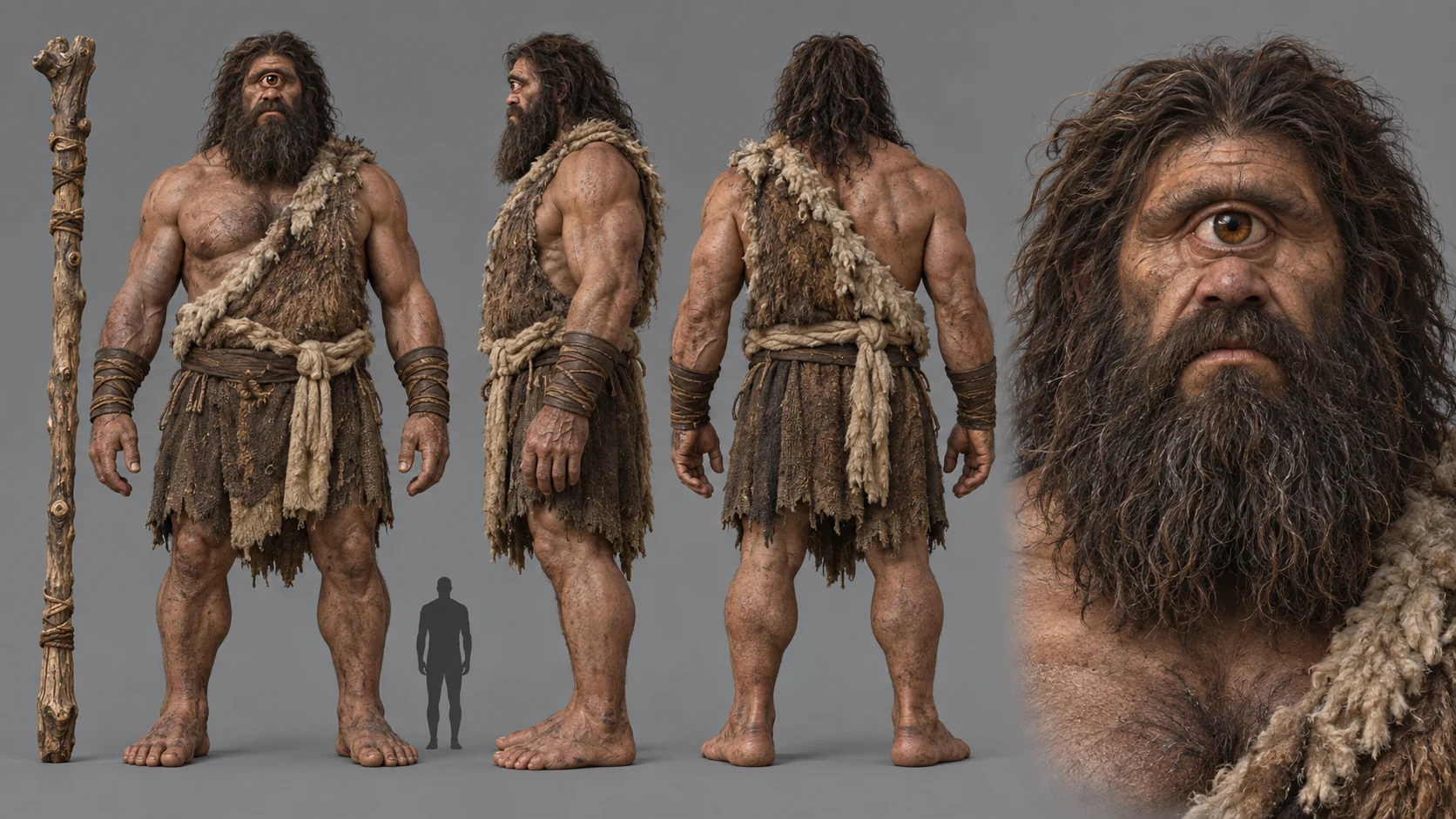 Generated Cyclops reference sheet with front, side and rear views, facial details and a person for scale.