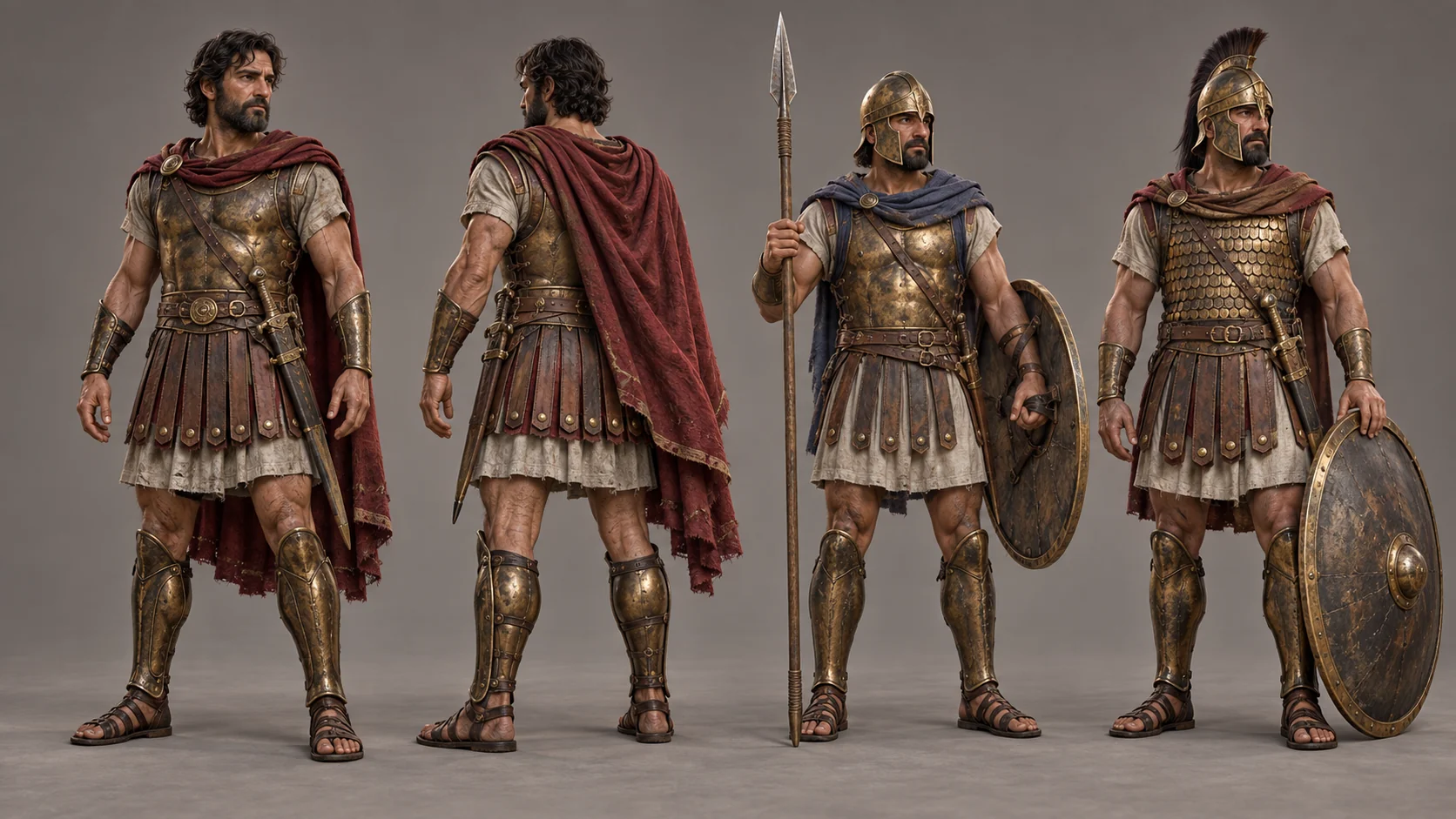 Generated character sheet with Odysseus and Greek warriors, showing armor, helmets, shields and clothing.